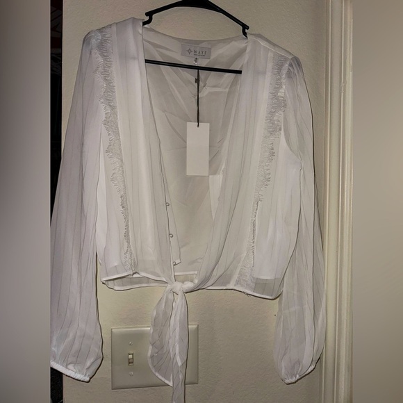 NWT Wayf white sheer lace button tie front blouse S office wear work wear career - Picture 1 of 6